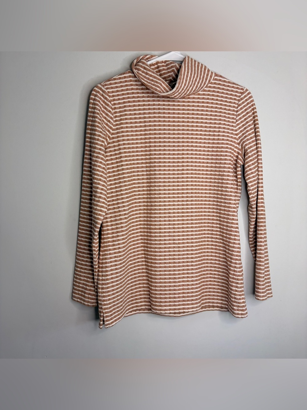 Talbots Striped Mockneck Turtleneck Long Sleeve Top Cream & Light Brown